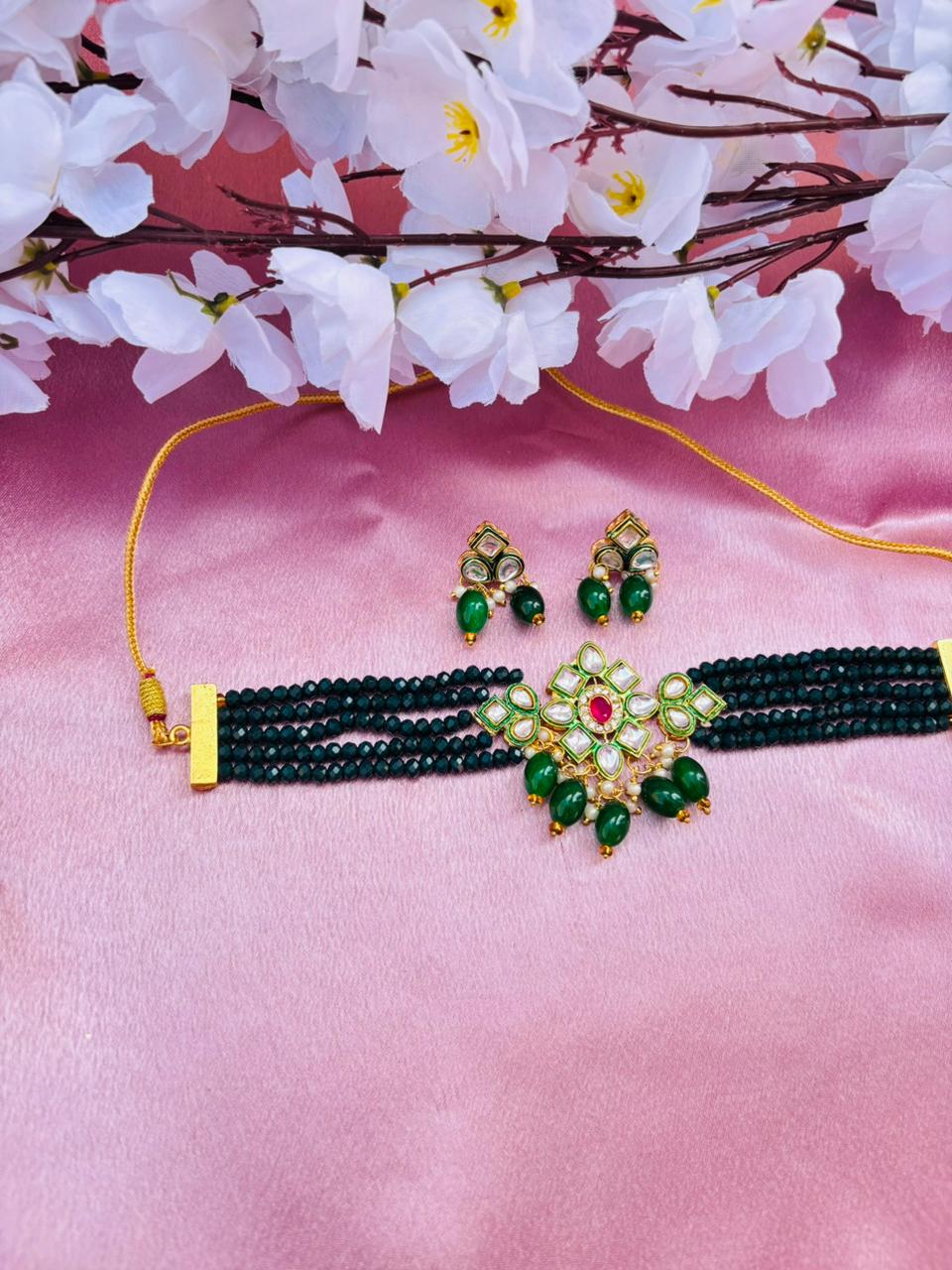 Multi-Layer Green Beaded Choker Necklace Set - Image 2