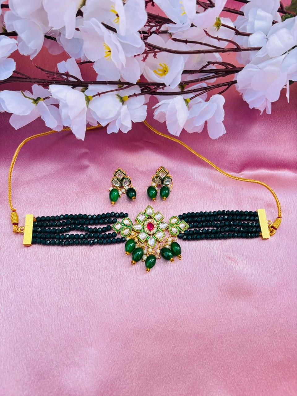 Multi-Layer Green Beaded Choker Necklace Set