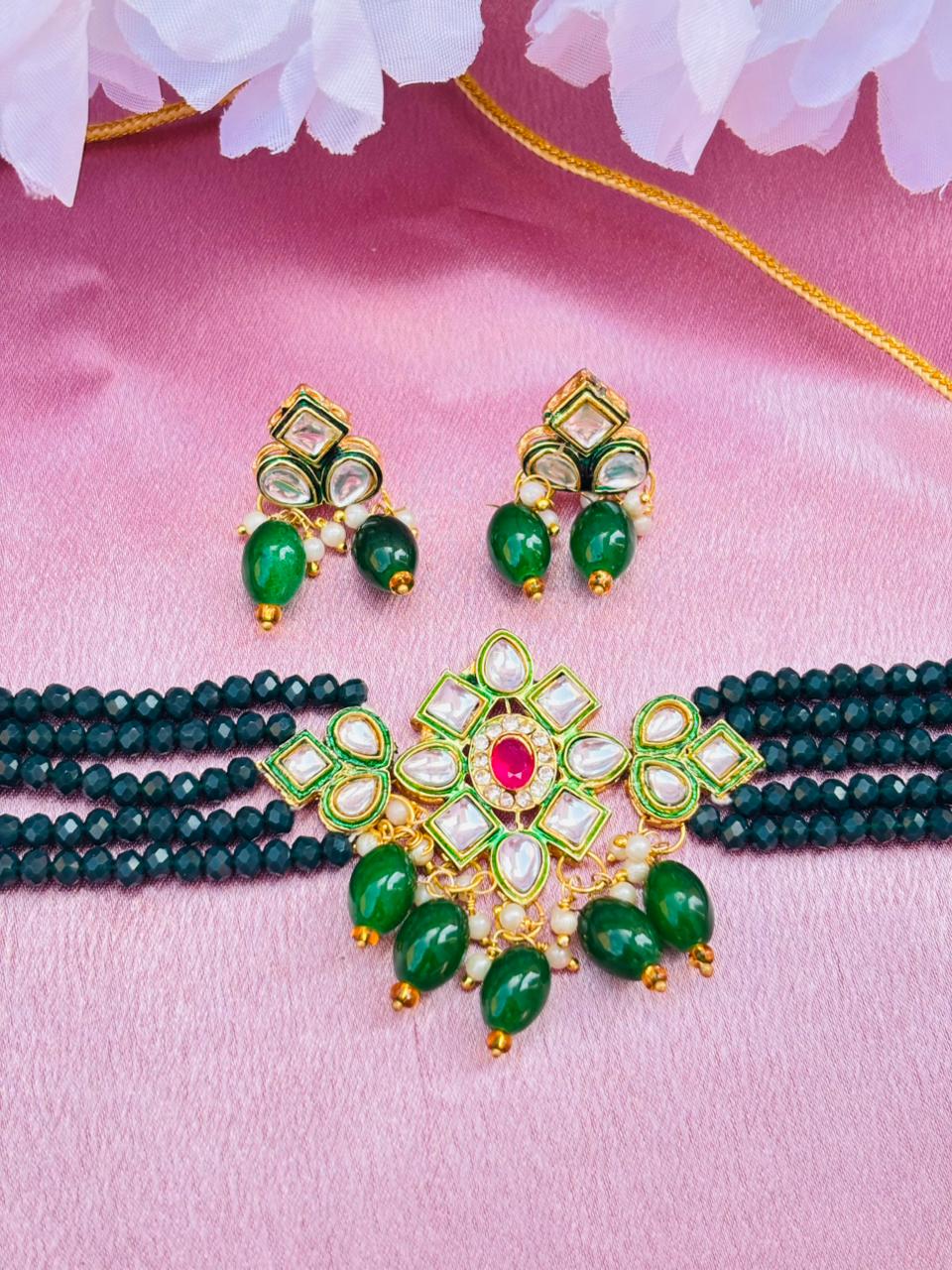 Multi-Layer Green Beaded Choker Necklace Set - Image 3