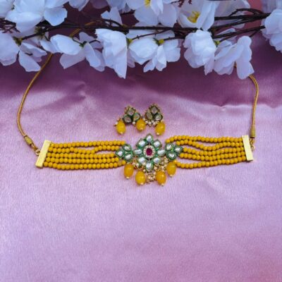 Multi-Layer Yellow Beaded Choker Necklace Set