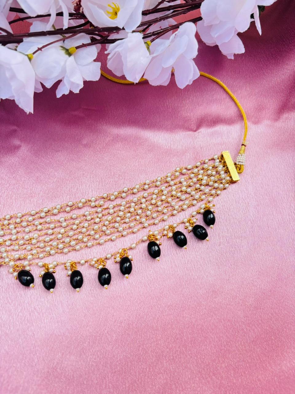 Multi-Layer Pearl Beaded Choker Necklace with Drop Pearl Tassels - Image 4