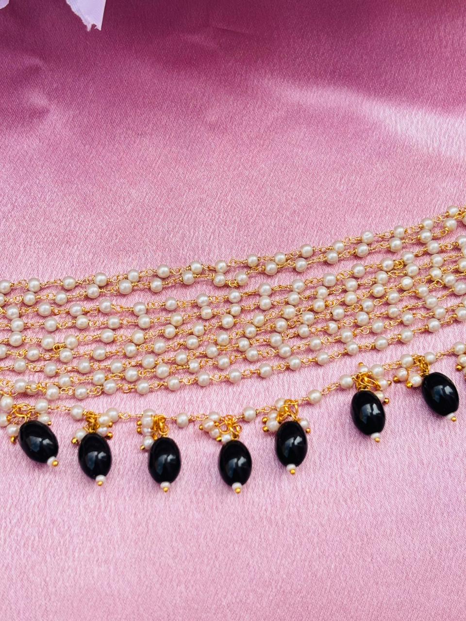 Multi-Layer Pearl Beaded Choker Necklace with Drop Pearl Tassels - Image 3