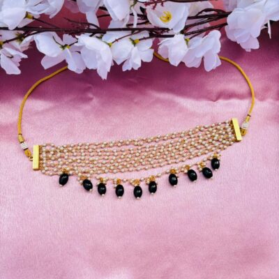 Multi-Layer Pearl Beaded Choker Necklace with Drop Pearl Tassels