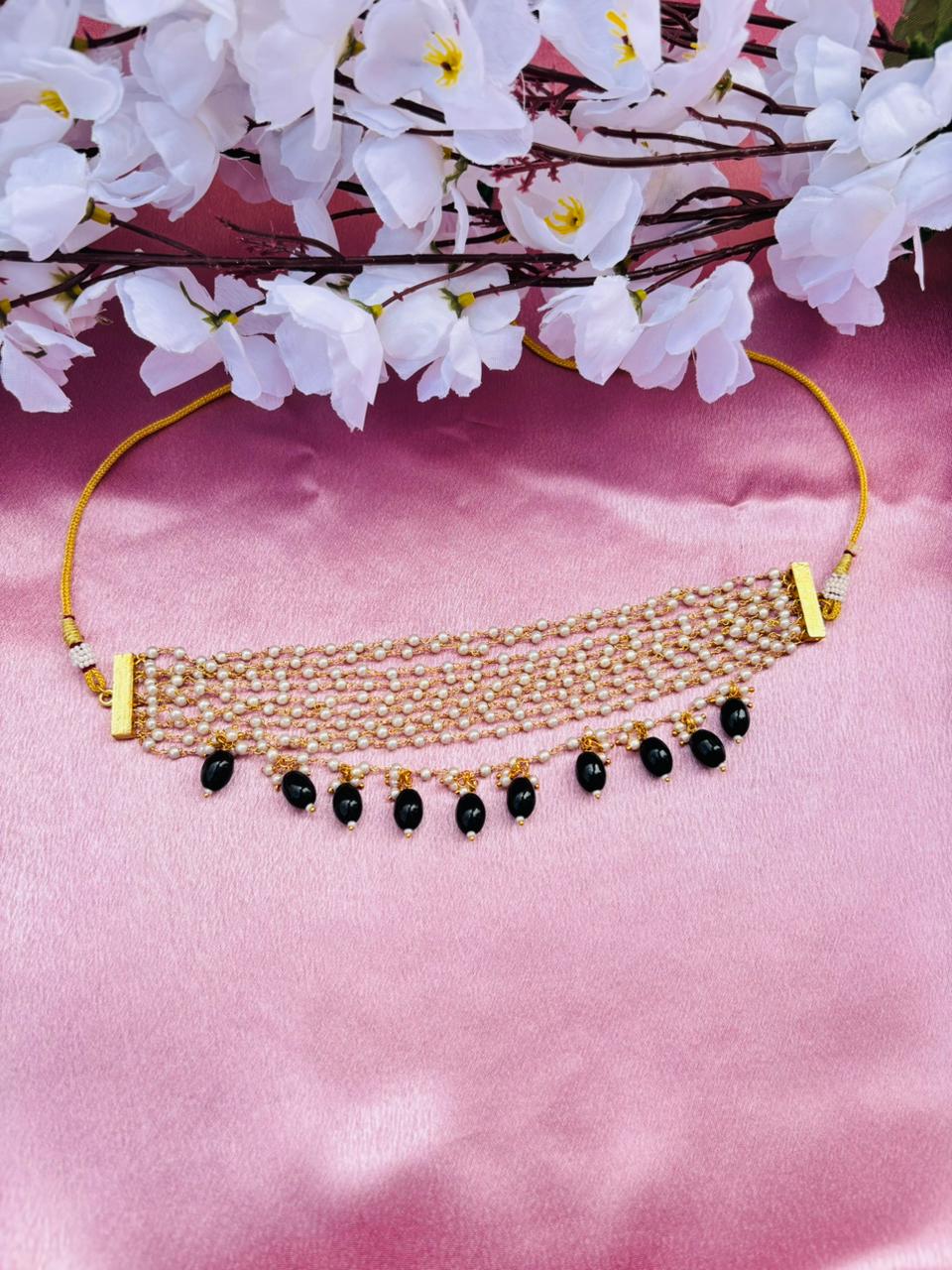 Multi-Layer Pearl Beaded Choker Necklace with Drop Pearl Tassels