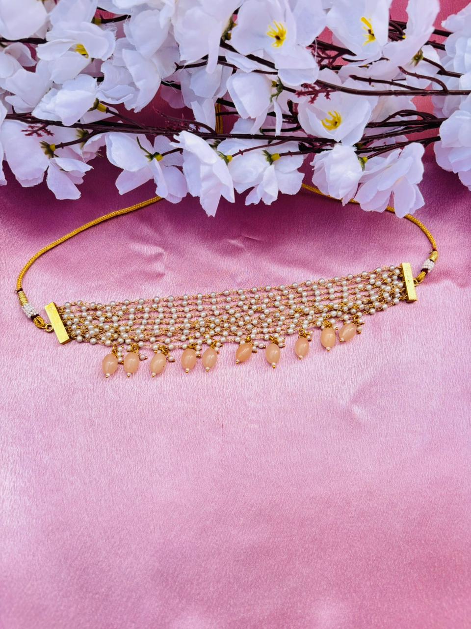 Multi-Layer Pearl Beaded Choker Necklace with Drop Pearl Tassels