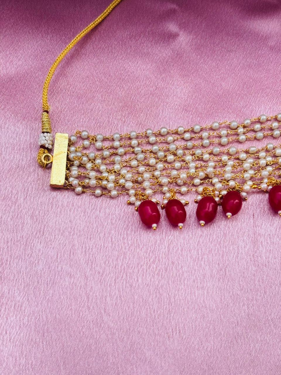 Multi-Layer Pearl Beaded Choker Necklace with Drop Pearl Tassels - Image 2