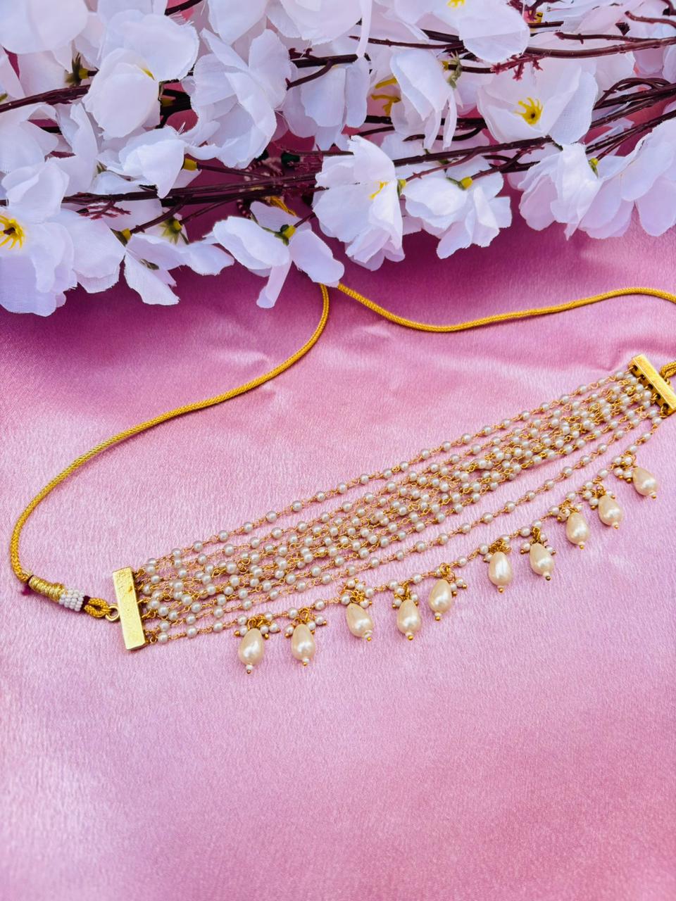 Multi-Layer Pearl Beaded Choker Necklace with Drop Pearl Tassels - Image 2