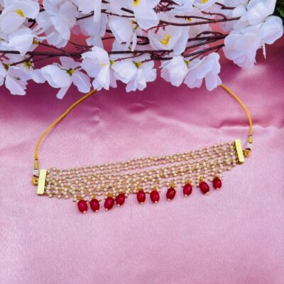 Multi-Layer Pearl Beaded Choker Necklace with Drop Pearl Tassels