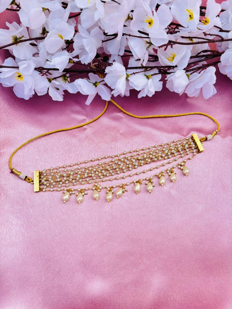 Multi-Layer Pearl Beaded Choker Necklace with Drop Pearl Tassels