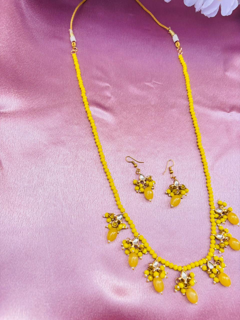 Yellow Beaded Necklace Set with Drops Earrings - Image 4