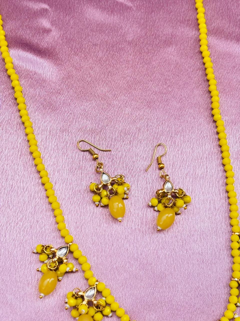 Yellow Beaded Necklace Set with Drops Earrings - Image 3