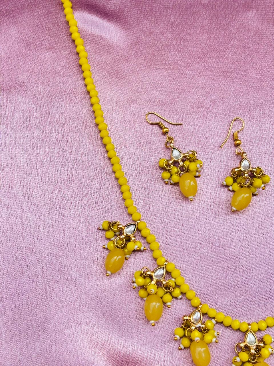 Yellow Beaded Necklace Set with Drops Earrings - Image 2