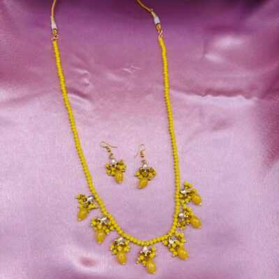 Yellow Beaded Necklace Set with Drops Earrings