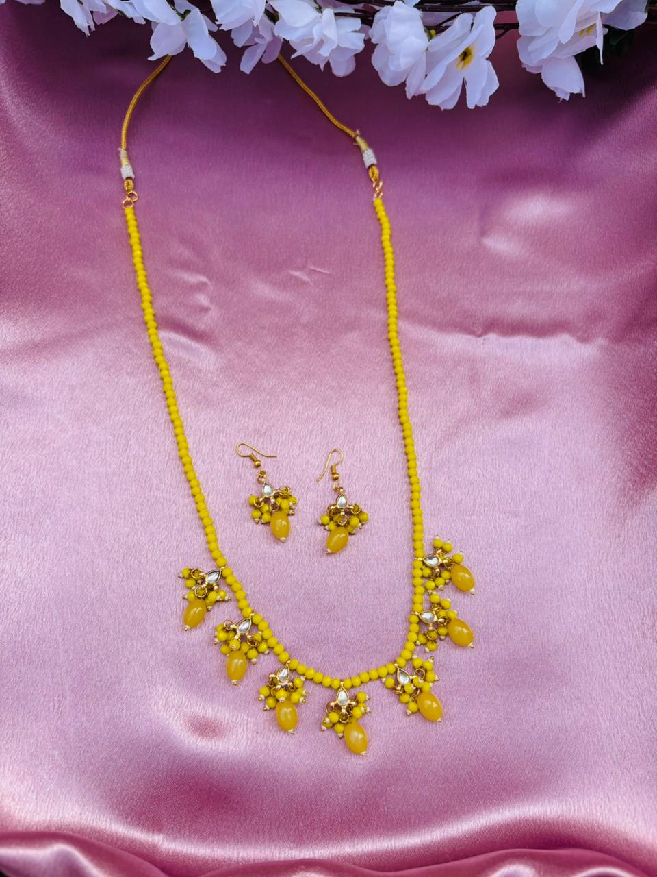 Yellow Beaded Necklace Set with Drops Earrings