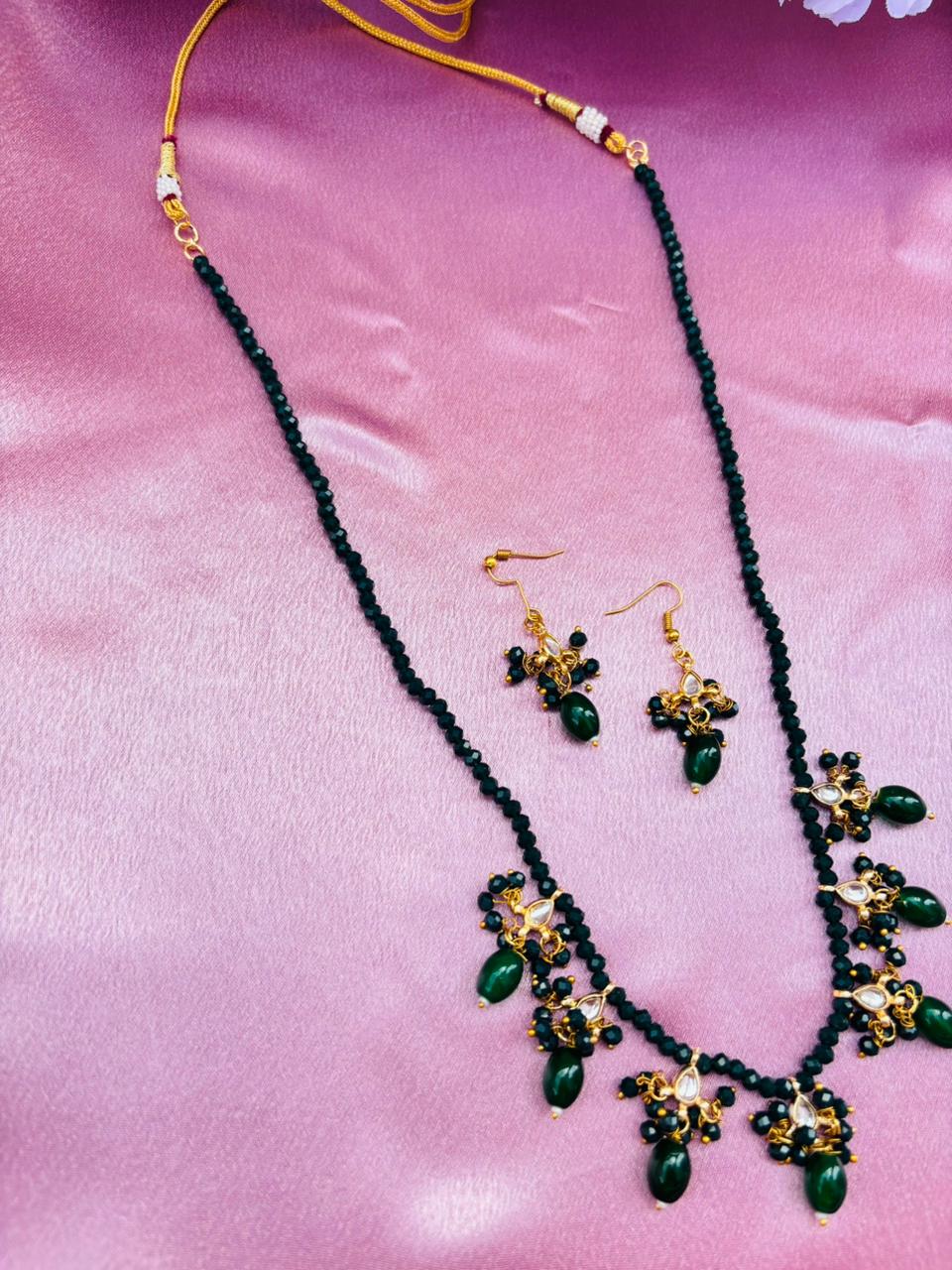 Green Beaded Necklace Set with Drops Earrings - Image 2