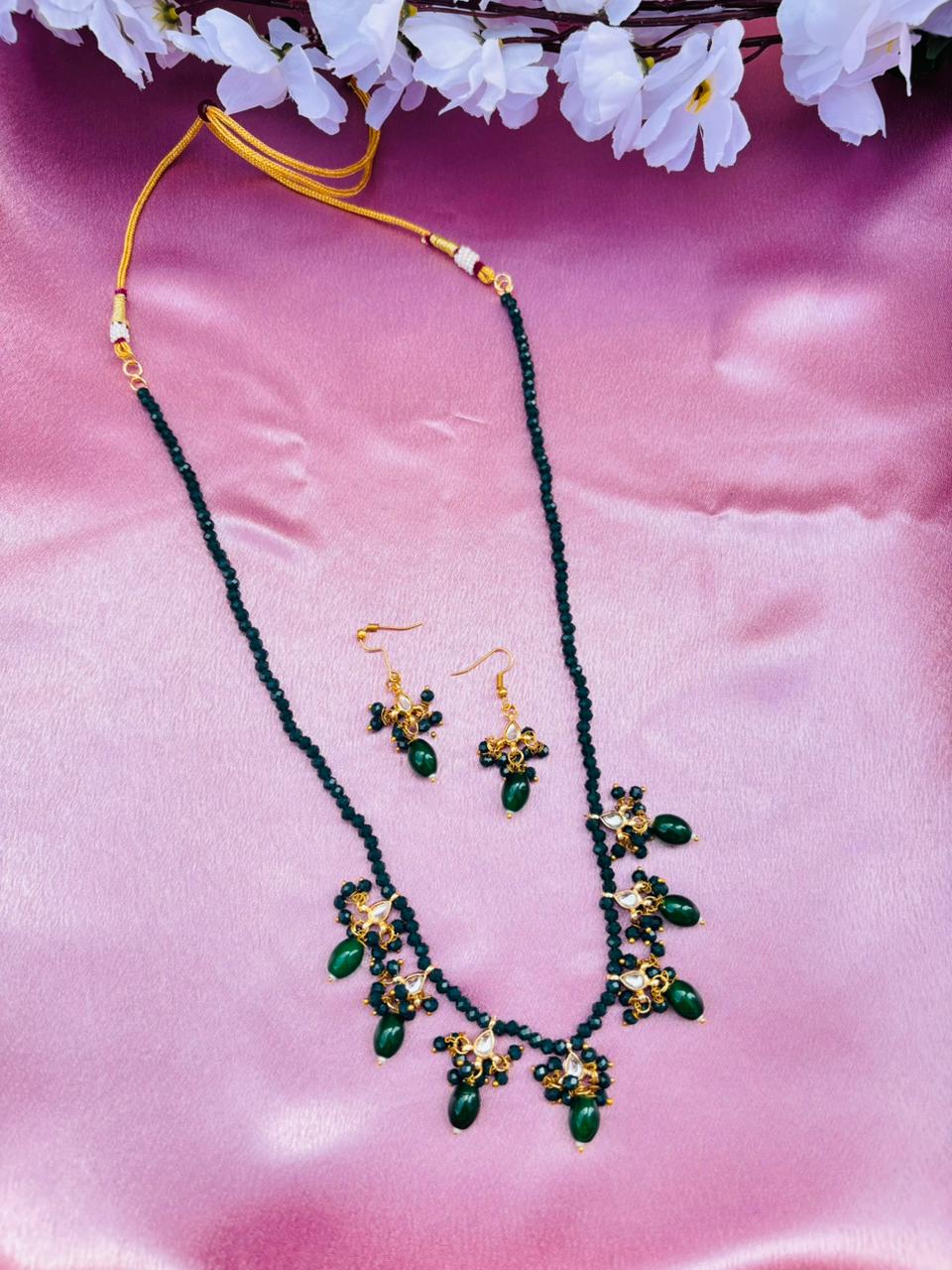Green Beaded Necklace Set with Drops Earrings
