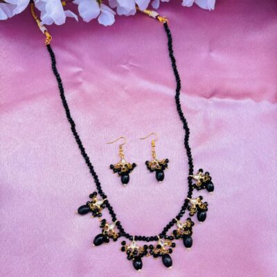Black Beaded Necklace Set with Drops Earrings