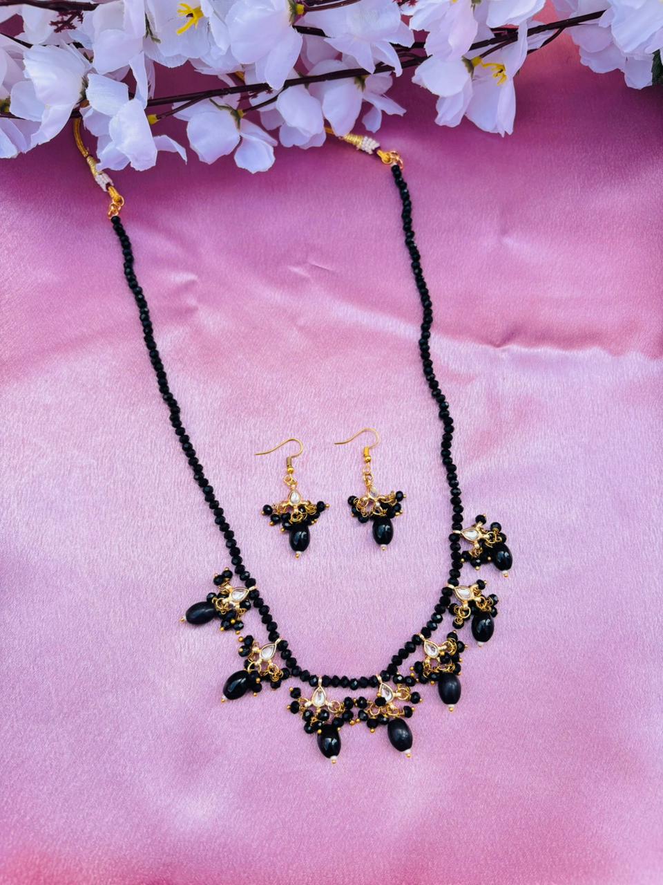Black Beaded Necklace Set with Drops Earrings