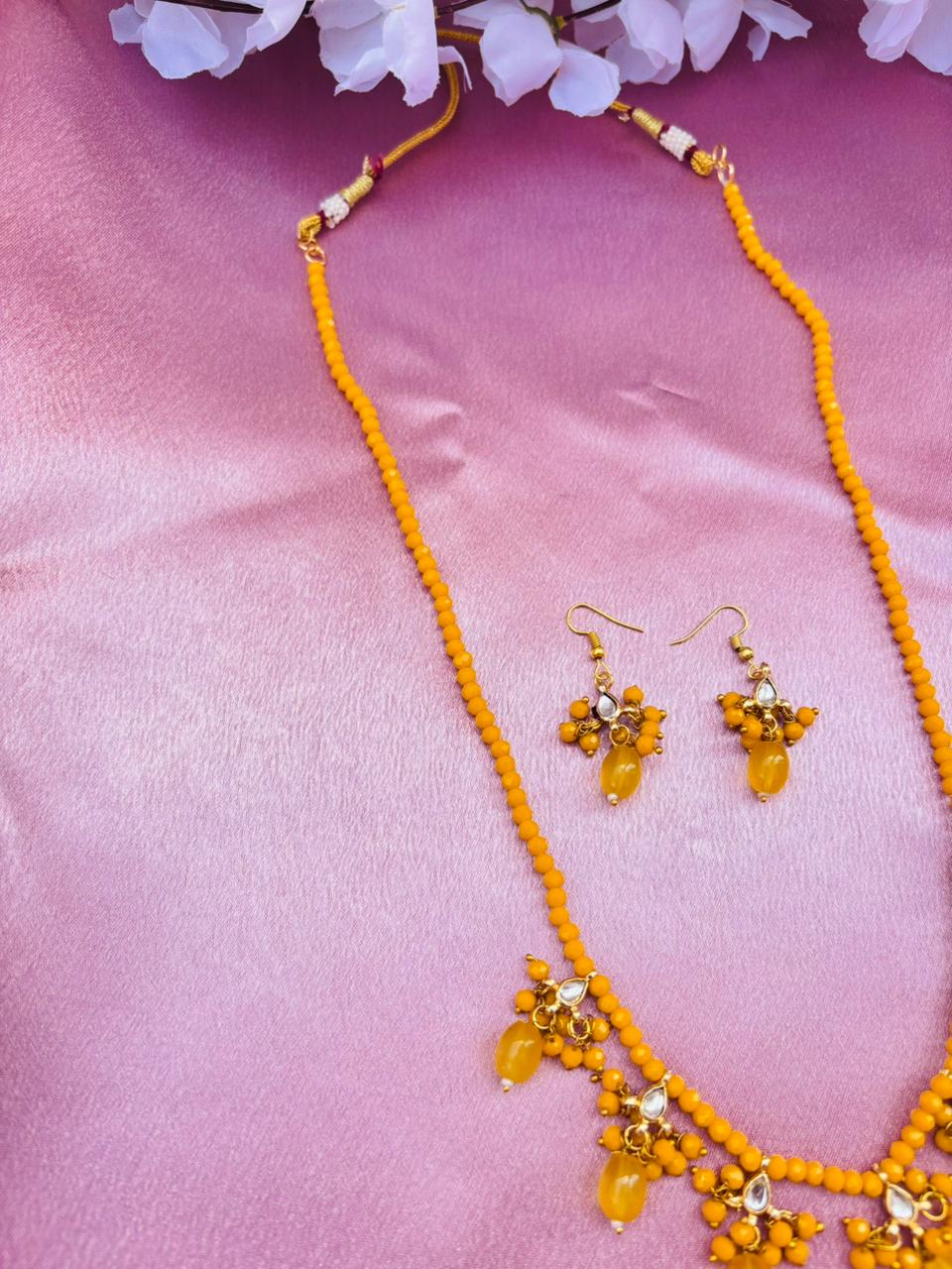 Yellow Beaded Necklace Set with Drops Earrings - Image 3