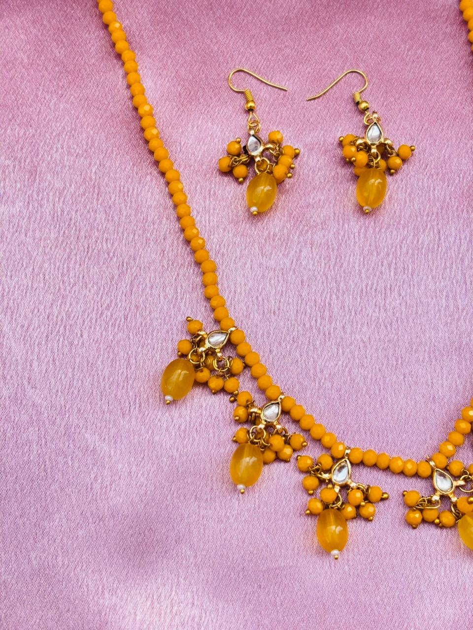 Yellow Beaded Necklace Set with Drops Earrings - Image 2