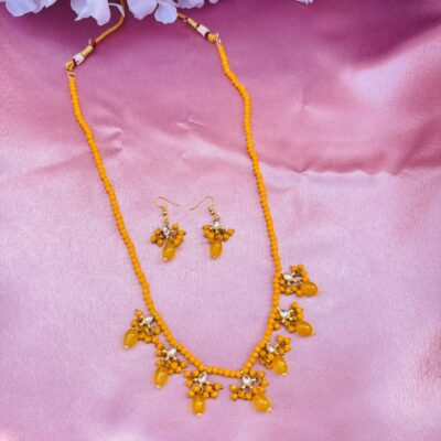 Yellow Beaded Necklace Set with Drops Earrings
