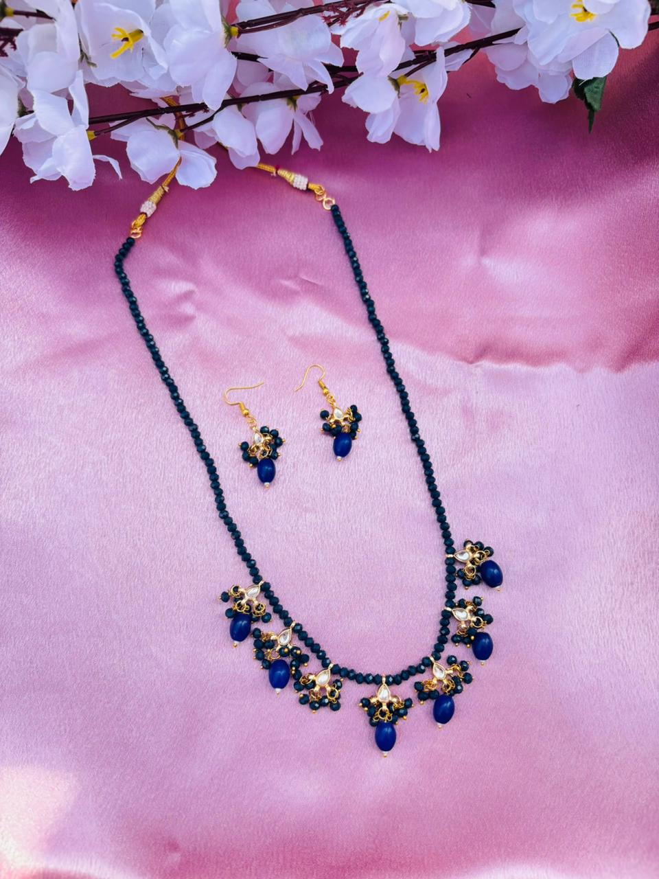 Blue Beaded Necklace Set with Drops Earrings