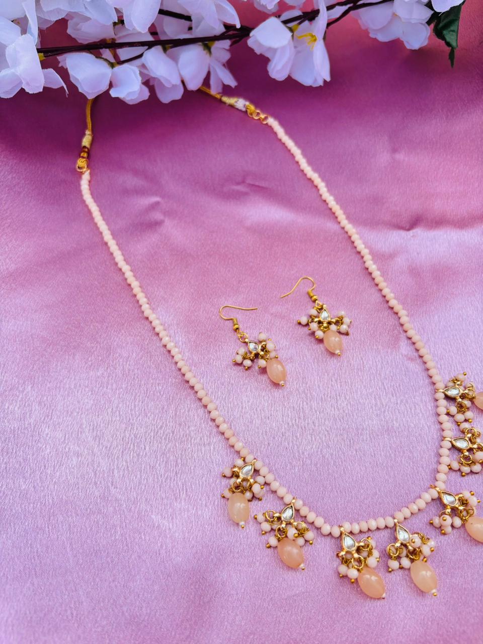 Peach Beaded Necklace Set with Drops Earrings - Image 2