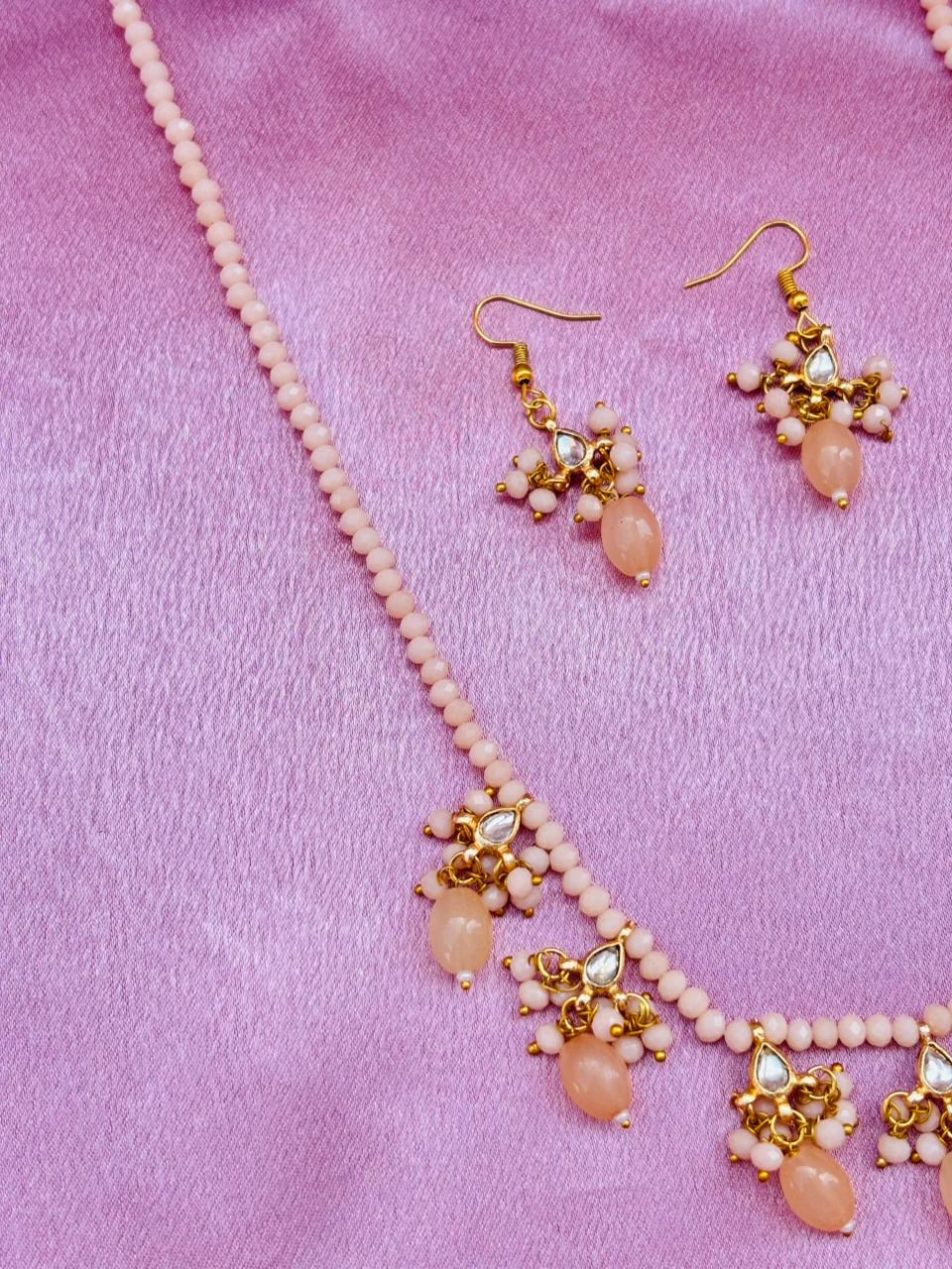Peach Beaded Necklace Set with Drops Earrings - Image 3