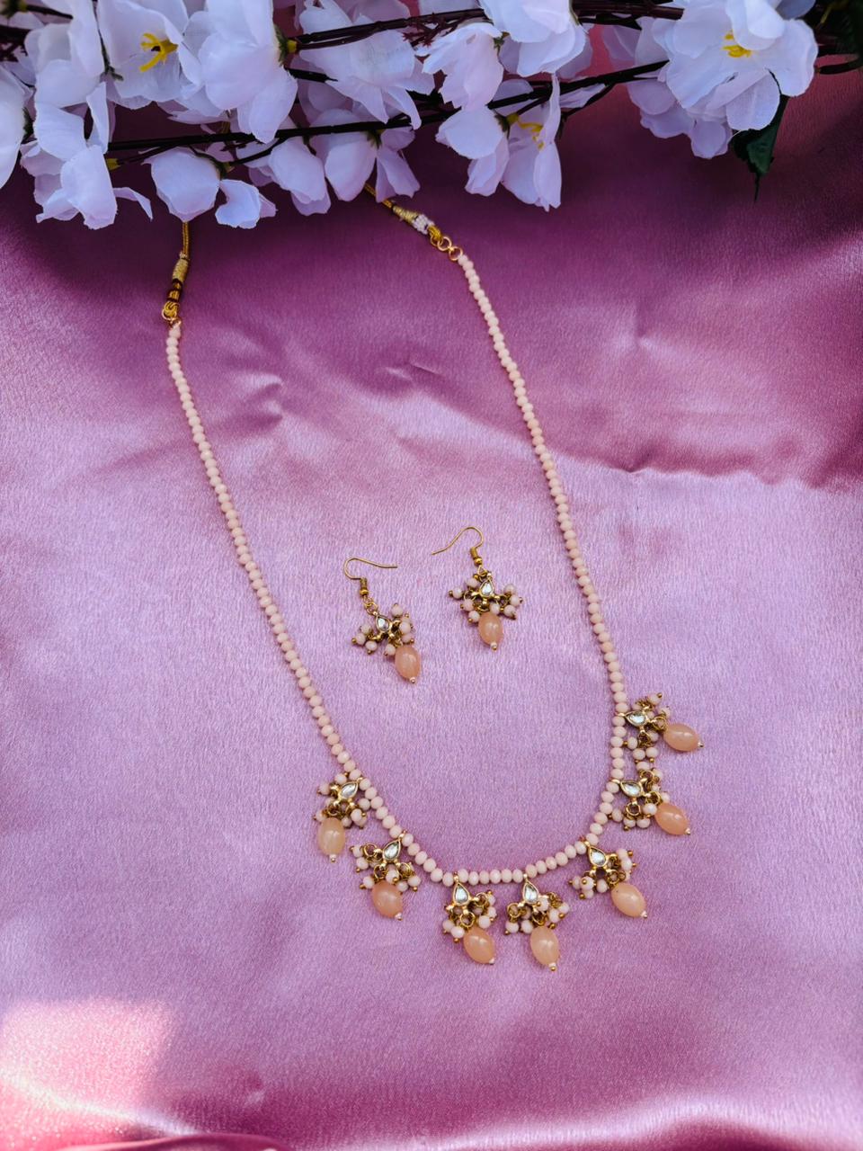 Peach Beaded Necklace Set with Drops Earrings