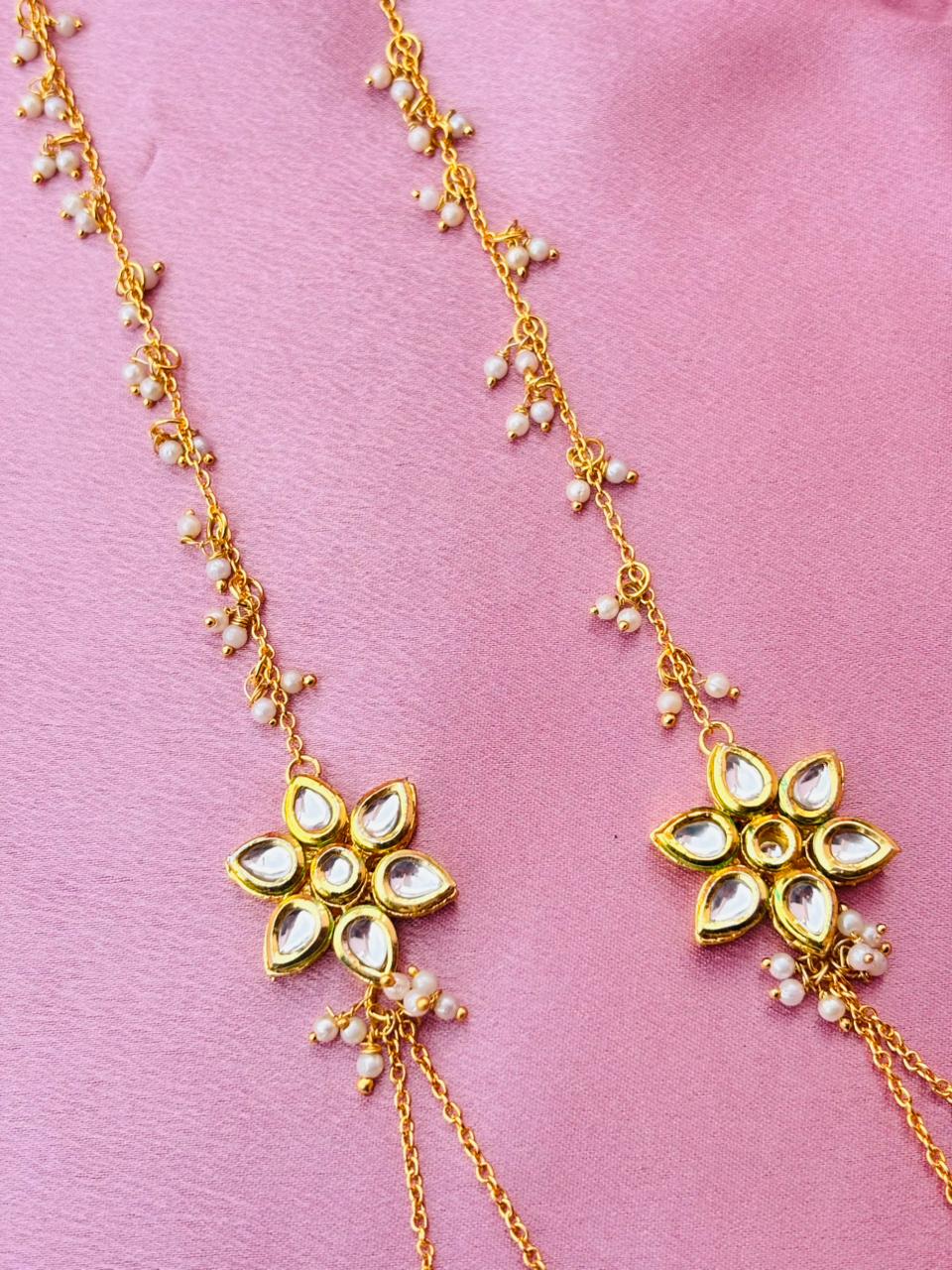 Kundan Floral Sui Dhaga Ear Chain with Peach Pearl Drops – Gold Plated Traditional Kaan Chain Jhumar - Image 2