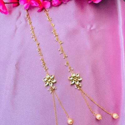 Kundan Floral Sui Dhaga Ear Chain with Peach Pearl Drops – Gold Plated Traditional Kaan Chain Jhumar