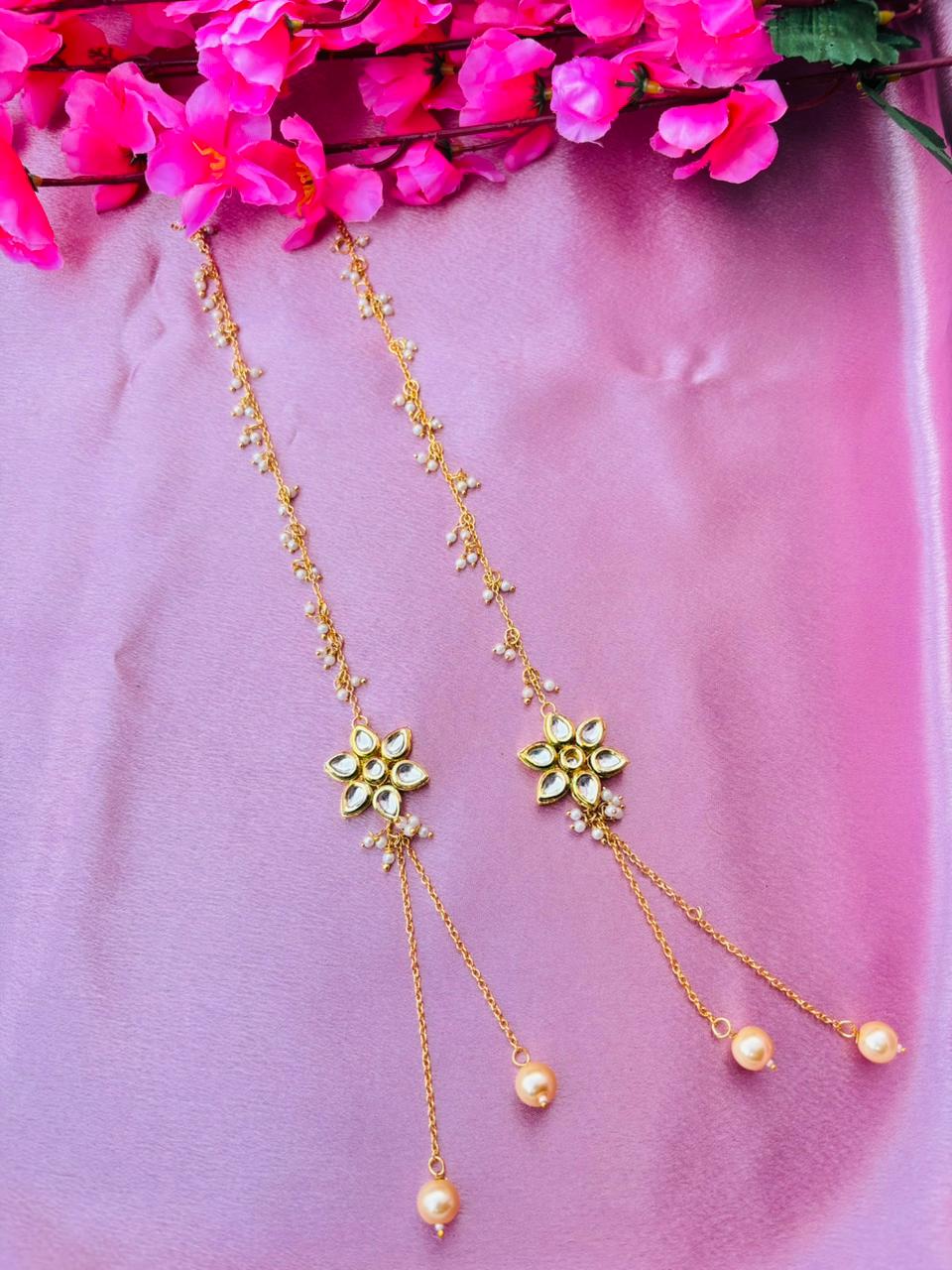 Kundan Floral Sui Dhaga Ear Chain with Peach Pearl Drops – Gold Plated Traditional Kaan Chain Jhumar