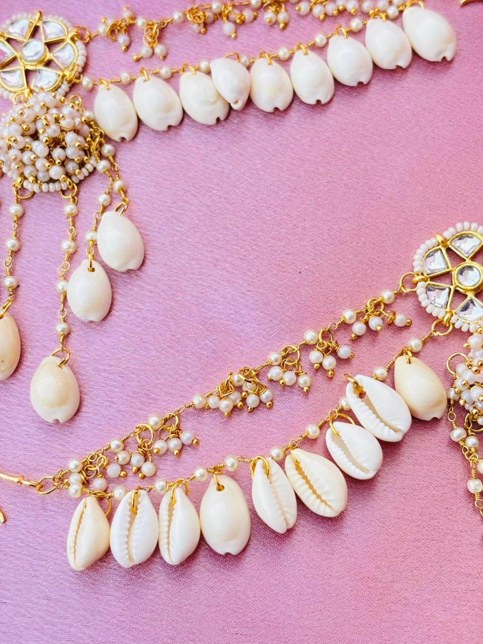 Kundan Cowrie Shell Statement Earrings – Gold Plated Long Tassel Ear Chain Jhumka - Image 3