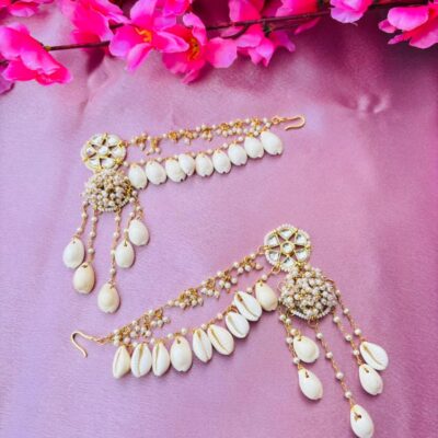 Kundan Cowrie Shell Statement Earrings – Gold Plated Long Tassel Ear Chain Jhumka