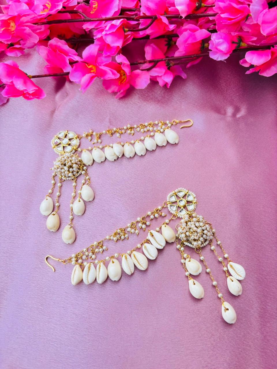 Kundan Cowrie Shell Statement Earrings – Gold Plated Long Tassel Ear Chain Jhumka