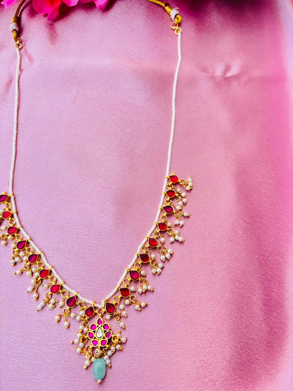 Kundan Pink Meenakari Necklace with Pearl Beaded Chain - Image 4