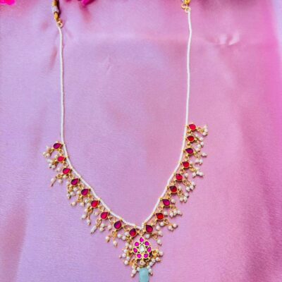Kundan Pink Meenakari Necklace with Pearl Beaded Chain