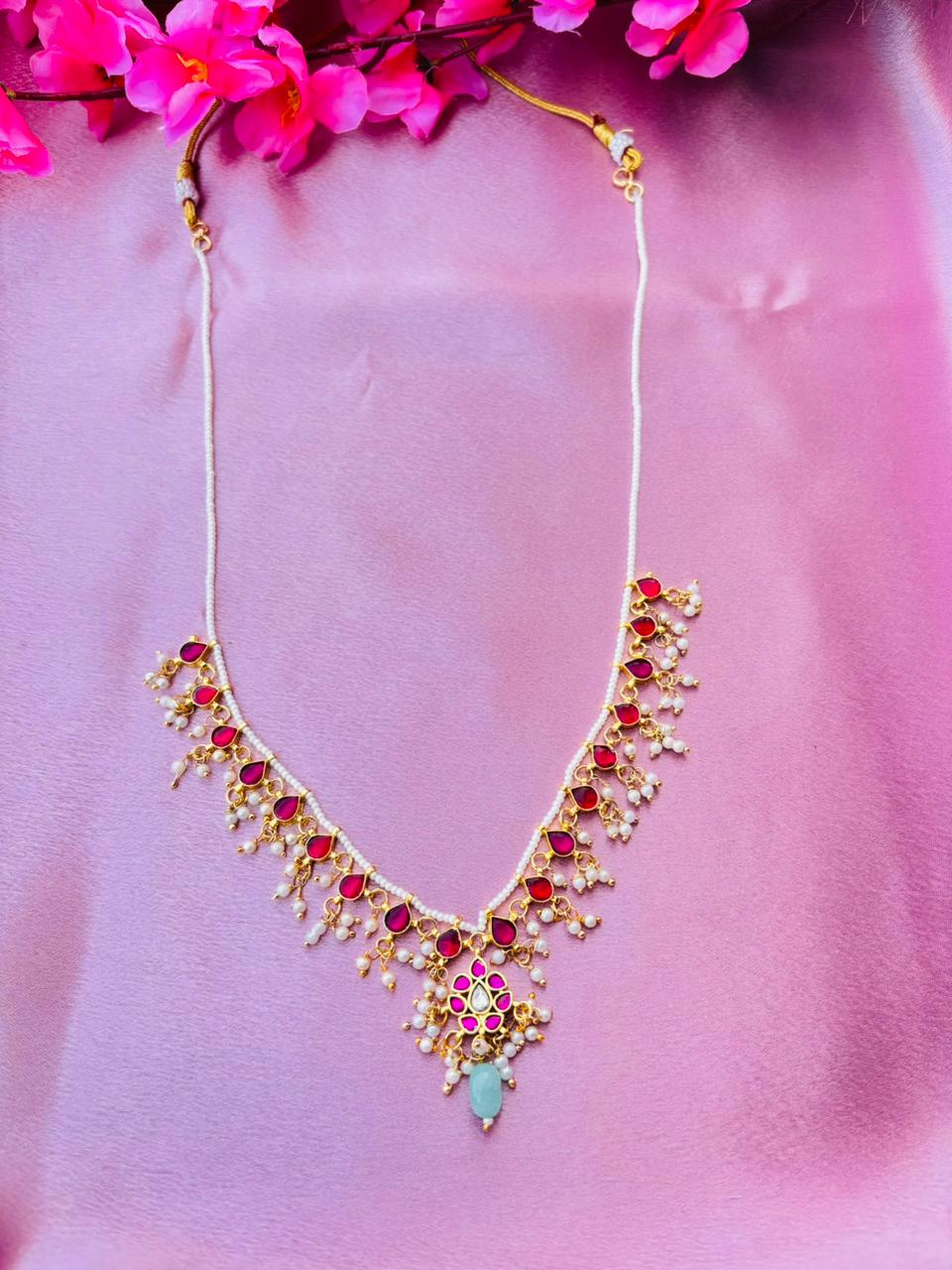 Kundan Pink Meenakari Necklace with Pearl Beaded Chain