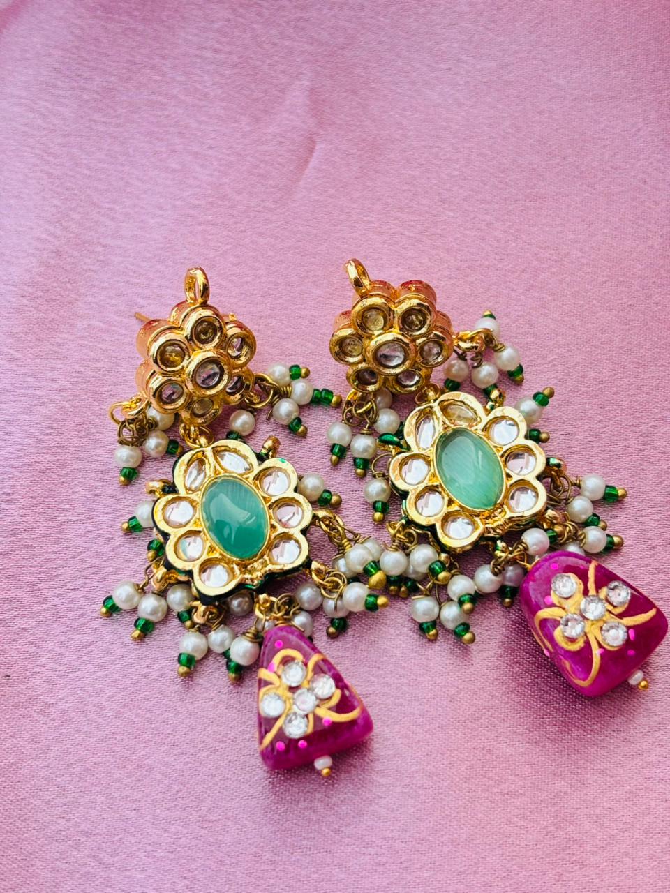 Elegant Mint Green Stone Kundan Earrings with Festive Pink Dangles - Image 2