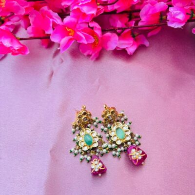 Elegant Mint Green Stone Kundan Earrings with Festive Pink Dangles
