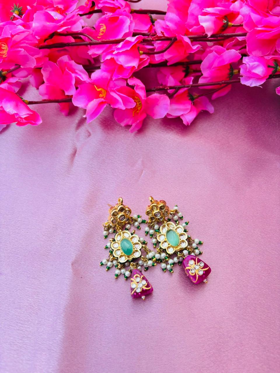 Elegant Mint Green Stone Kundan Earrings with Festive Pink Dangles