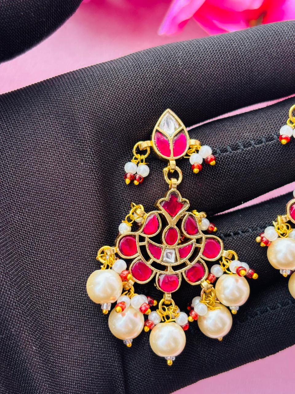 Ruby-Toned Kundan and Pearl Drop Earrings - Image 3