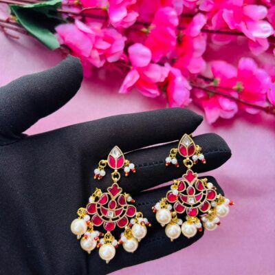 Ruby-Toned Kundan and Pearl Drop Earrings