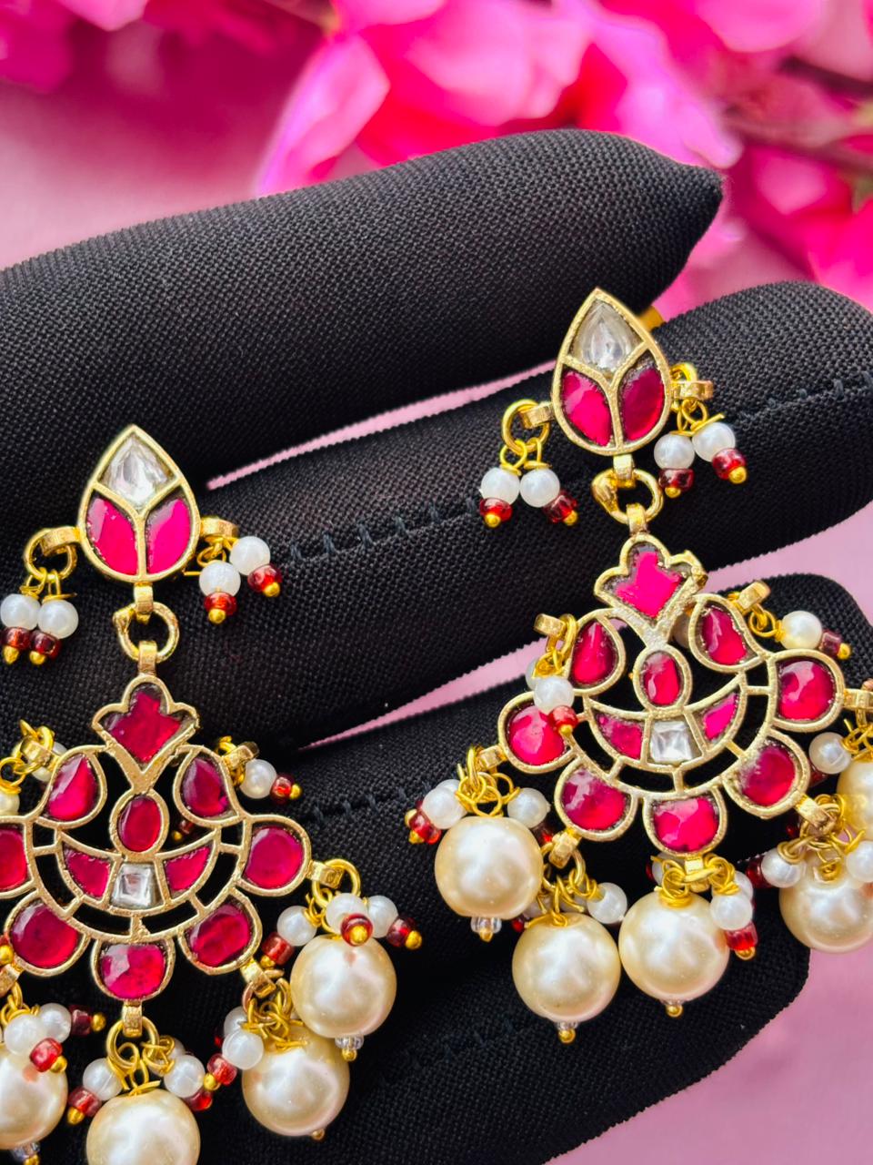 Ruby-Toned Kundan and Pearl Drop Earrings - Image 2