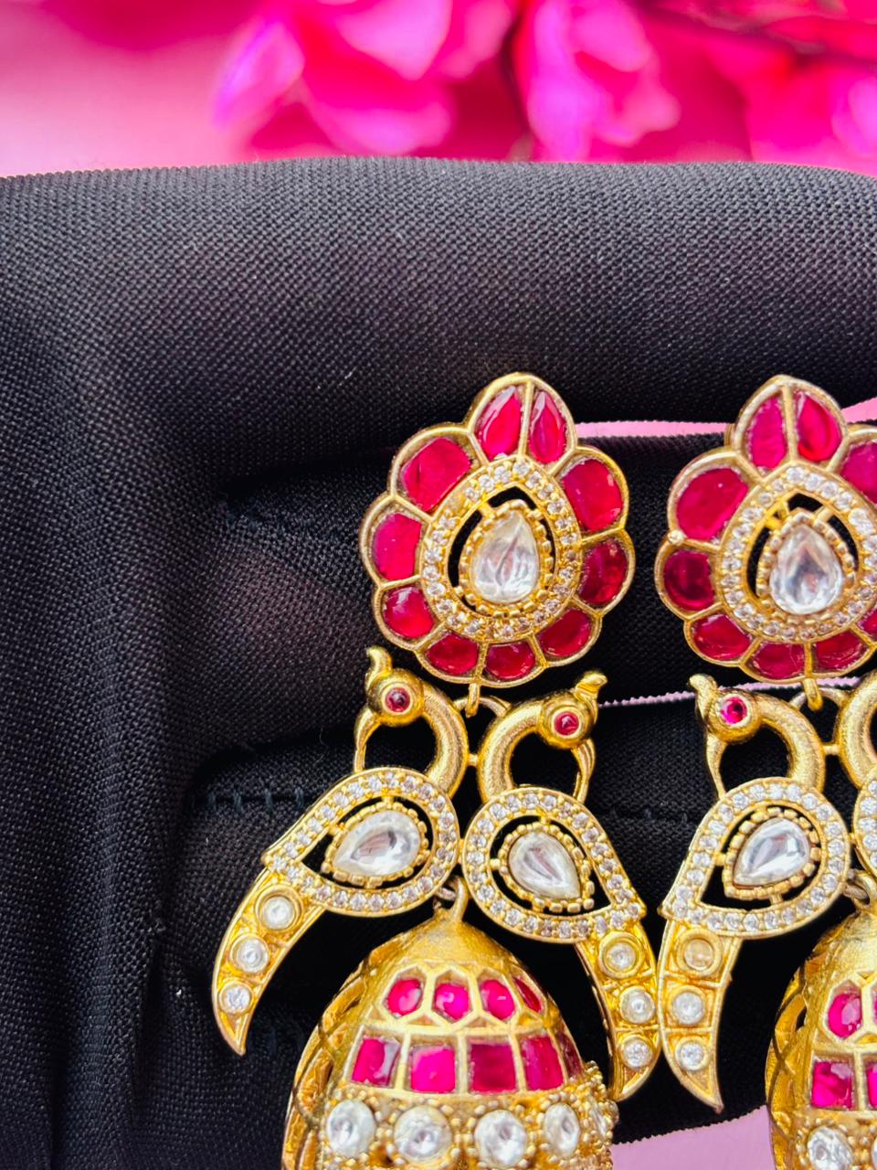 Peacock Design Kundan Jhumkas with Ruby and AD Stones - Image 4