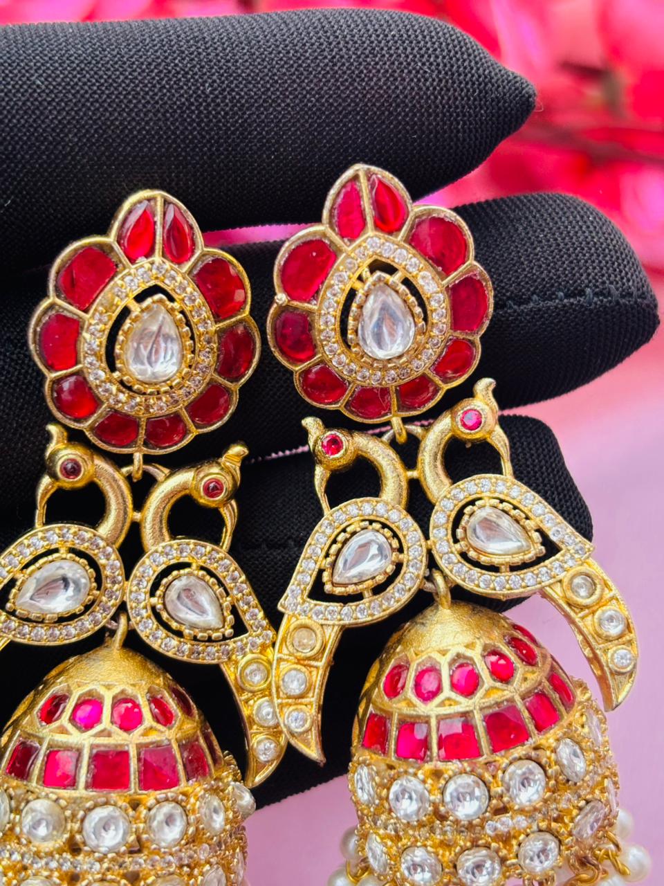 Peacock Design Kundan Jhumkas with Ruby and AD Stones - Image 2