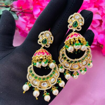 Multicolor Kundan Chandbali Jhumkas with Ruby and Emerald Accents