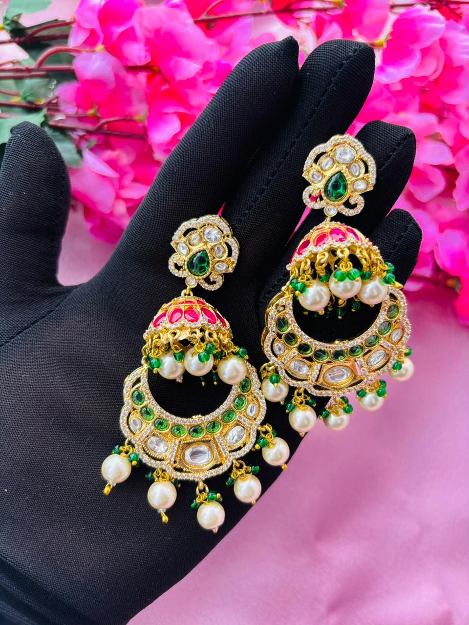Multicolor Kundan Chandbali Jhumkas with Ruby and Emerald Accents