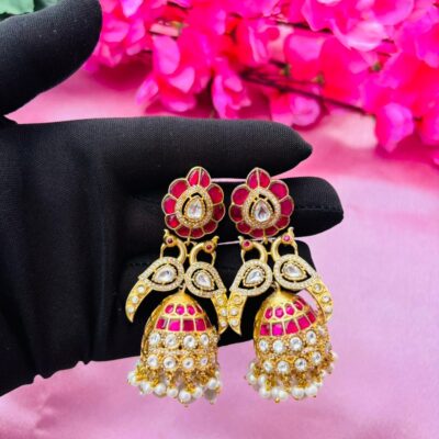 Peacock Design Kundan Jhumkas with Ruby and AD Stones