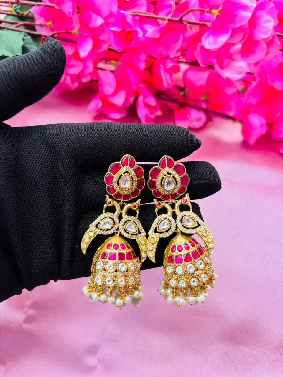 Peacock Design Kundan Jhumkas with Ruby and AD Stones